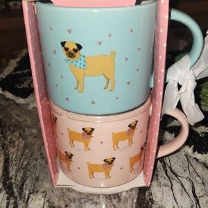 Pug Print Ceramic Coffee Mugs - Blue & Pink Set